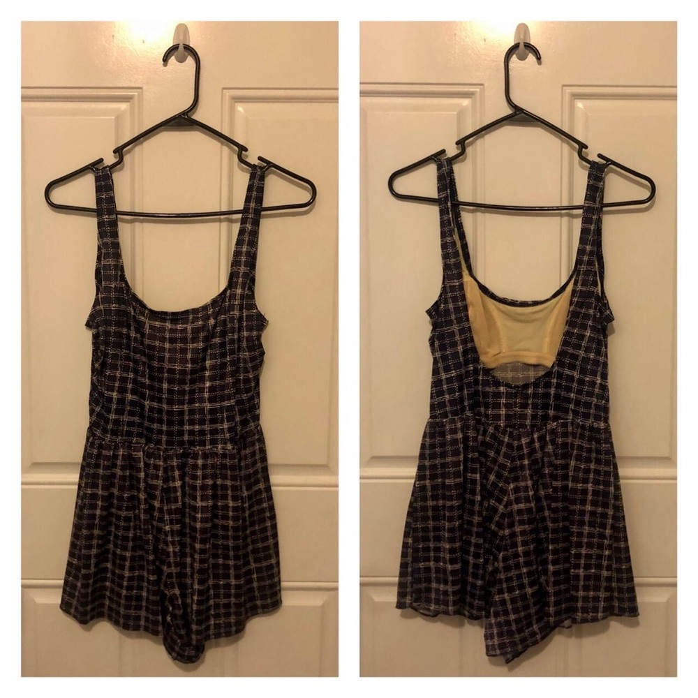90s Navy Blue & White Plaid Swim Romper, Lined